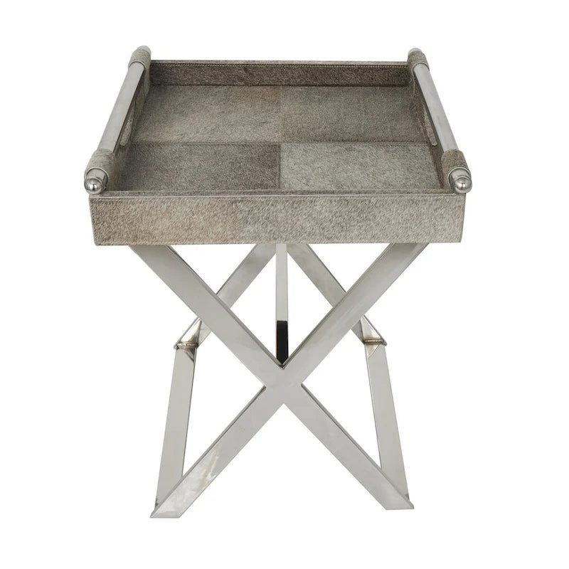 Mesa auxiliar/auxiliar con bandeja de cuero y patas y asas diagonales plateadas - Gris
