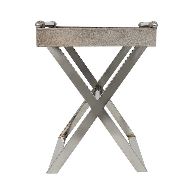 Mesa auxiliar/auxiliar con bandeja de cuero y patas y asas diagonales plateadas - Gris