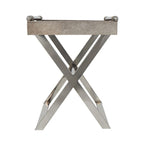 Mesa auxiliar/auxiliar con bandeja de cuero y patas y asas diagonales plateadas - Gris