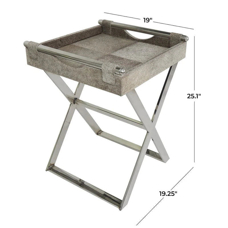 Mesa auxiliar/auxiliar con bandeja de cuero y patas y asas diagonales plateadas - Gris