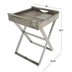 Mesa auxiliar/auxiliar con bandeja de cuero y patas y asas diagonales plateadas - Gris